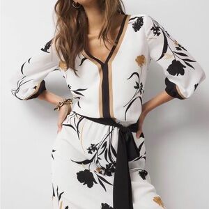 White House Black Market White Black and Gold Floral V-Neck Dress
